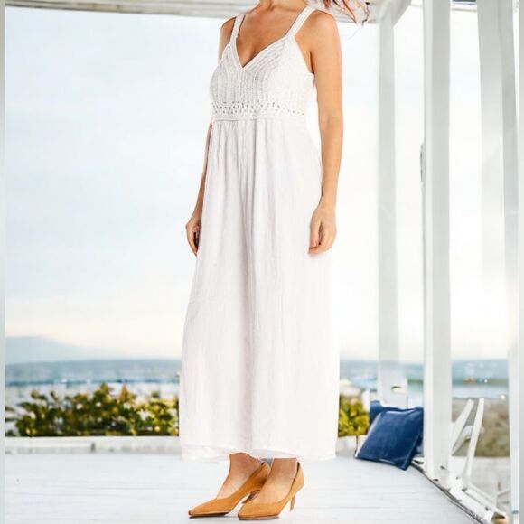 JAPNA NWT WHITE CROCHET BUST BOHEMIAN JUMPSUIT CROPPED STRETCH SMOCKED BACK XS - Picture 2 of 7